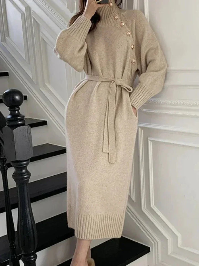Robe midi en maille pour femme avec détail boutonné et ceinture