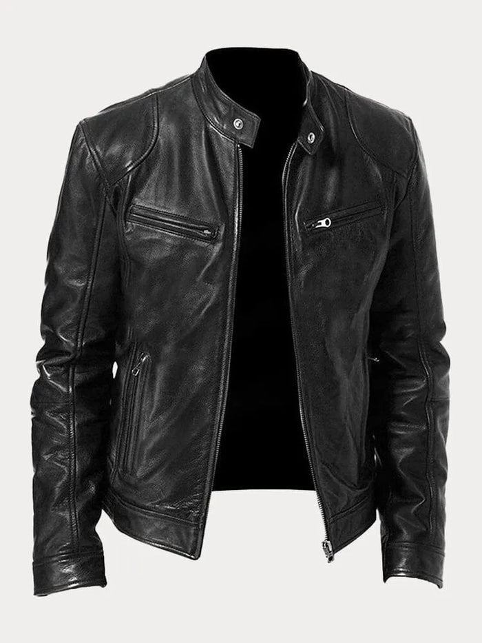 Men's Biker Jacket with Stand Collar and Zip Pockets