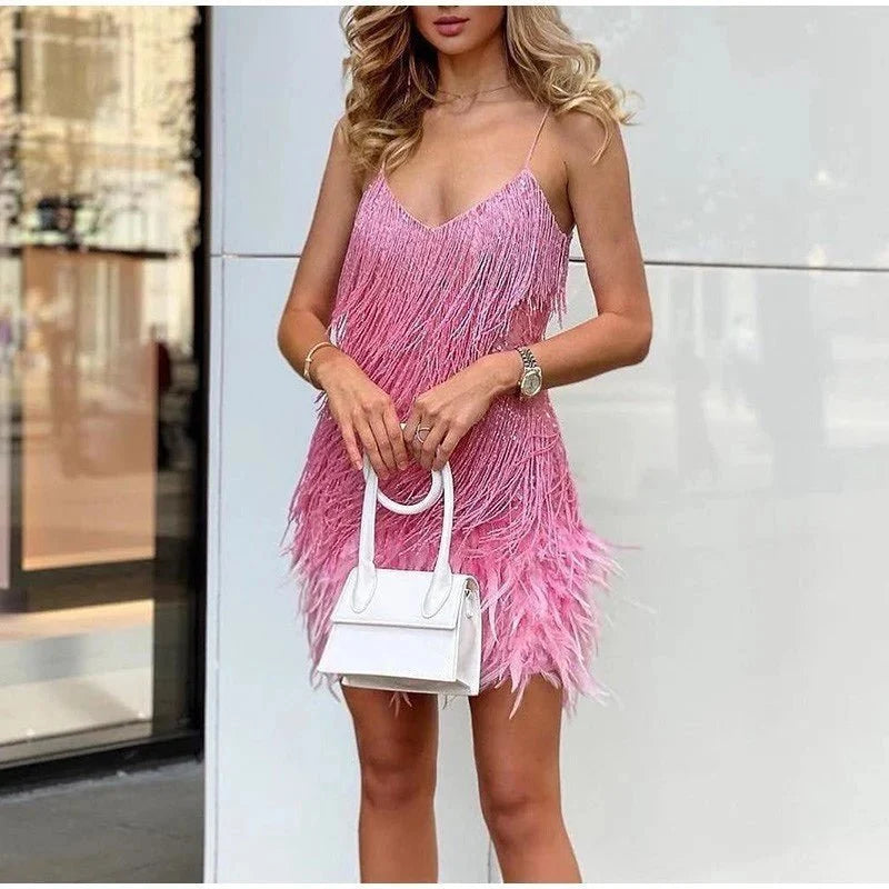Women's Sequin Cocktail Dress with Feather Hem and Spaghetti Straps