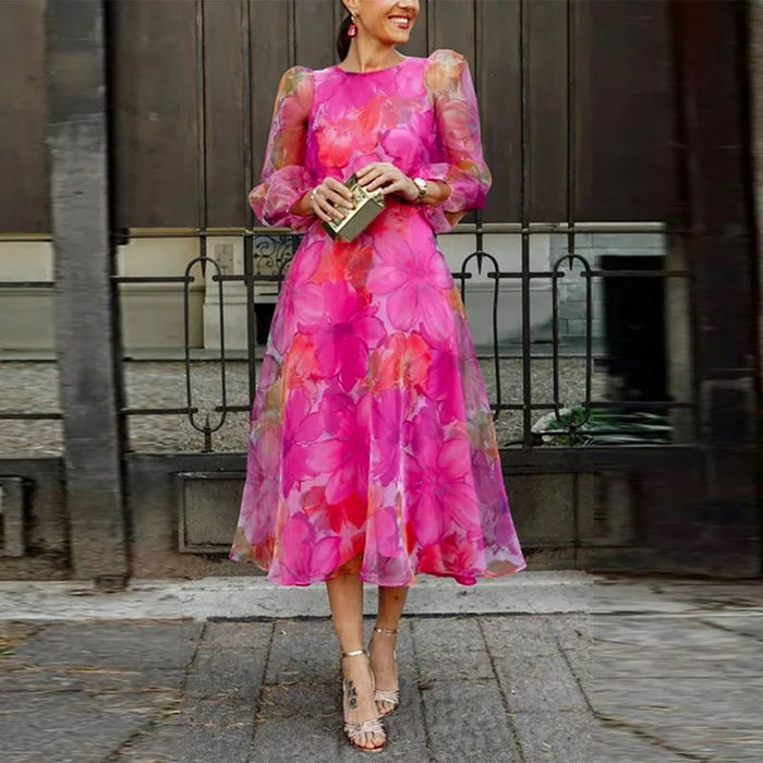 Maxine | Elegante vestido midi floral de manga larga