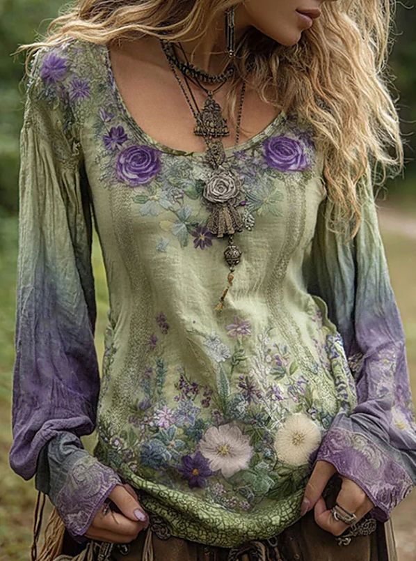Seraphina | Bohemisk blus med blommönster och långa ärmar
