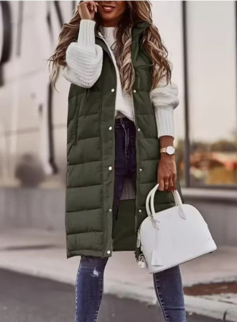 Women's Long Quilted Gilet with Hood and Pockets