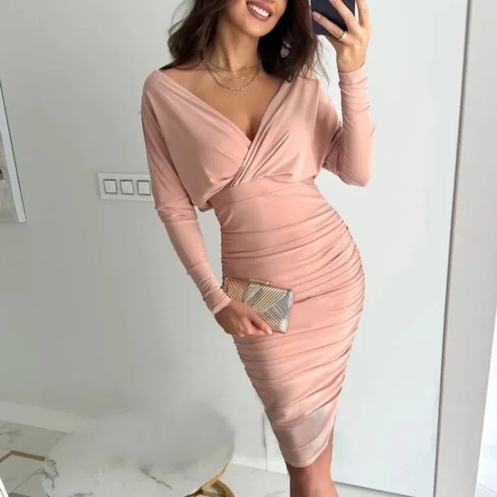 Women's Ruched Wrap Bodycon Dress Long Sleeve V-Neck