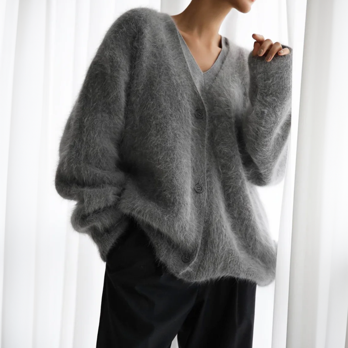 Women's Fluffy V-Neck Cardigan with Button Front and Long Sleeves