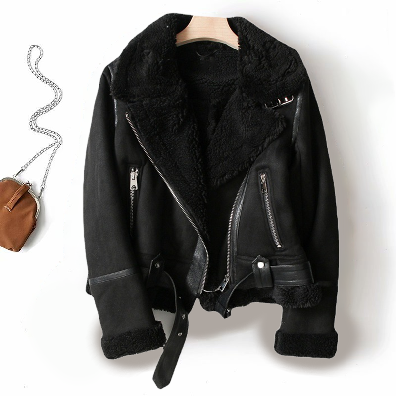 Women's Suede-Look Biker Jacket with Sherpa Fleece Lining