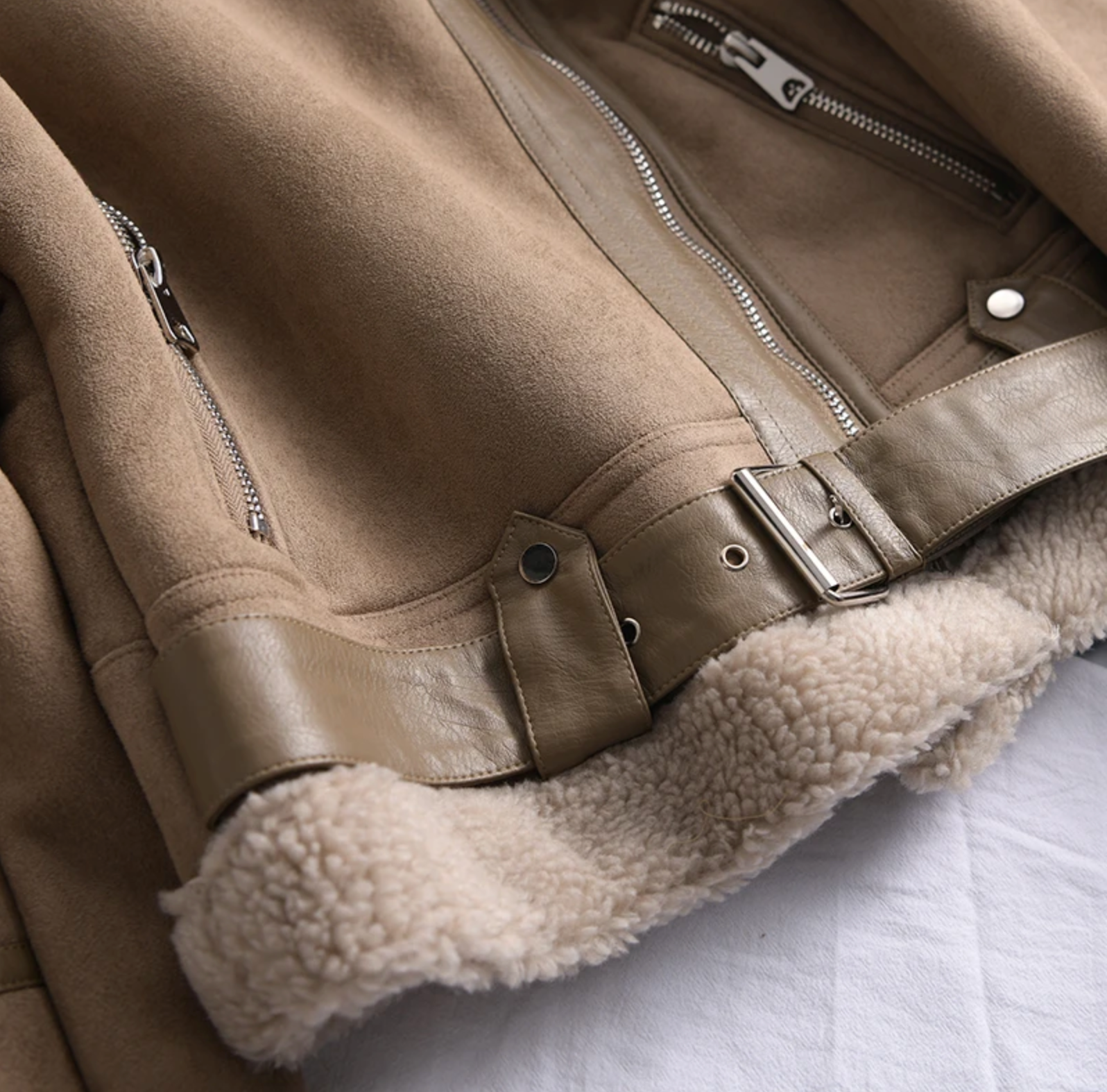 Women's Suede-Look Biker Jacket with Sherpa Fleece Lining