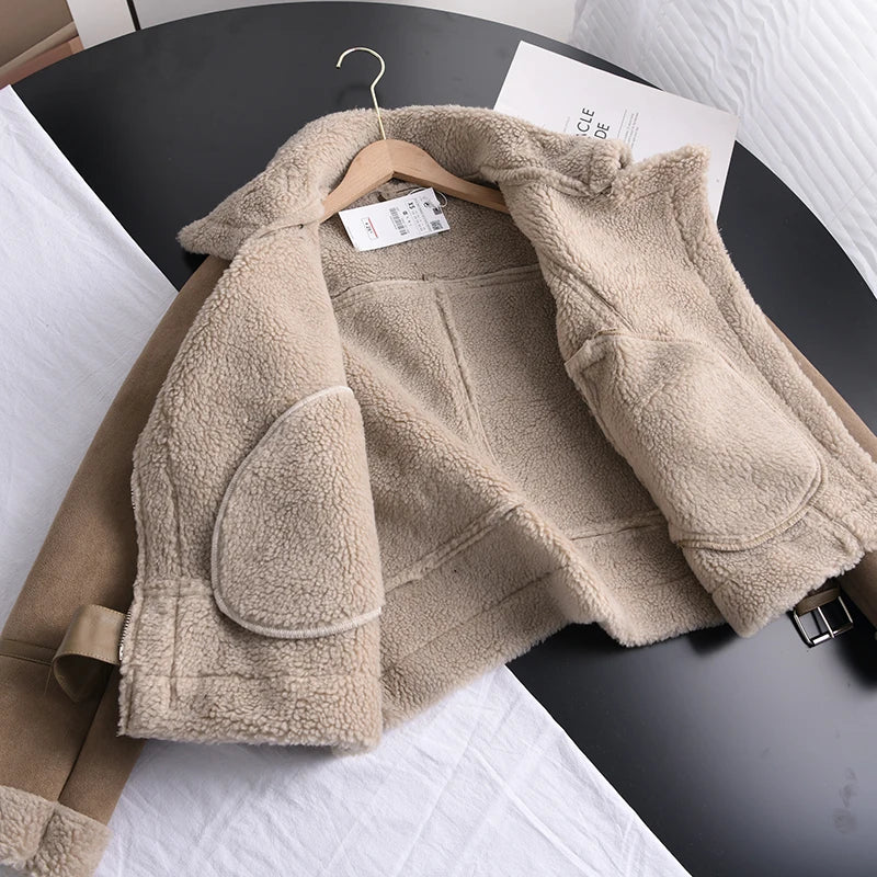 Women's Suede-Look Biker Jacket with Sherpa Fleece Lining