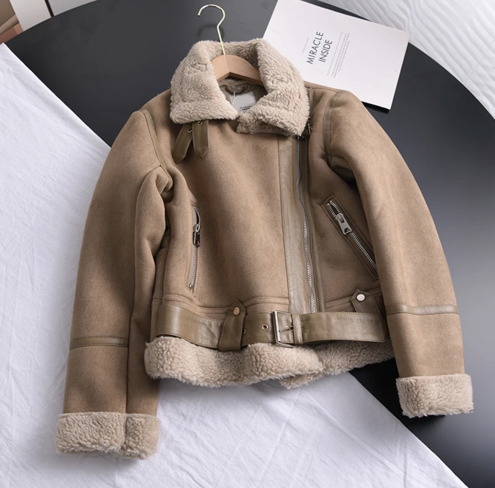 Women's Suede-Look Biker Jacket with Sherpa Fleece Lining