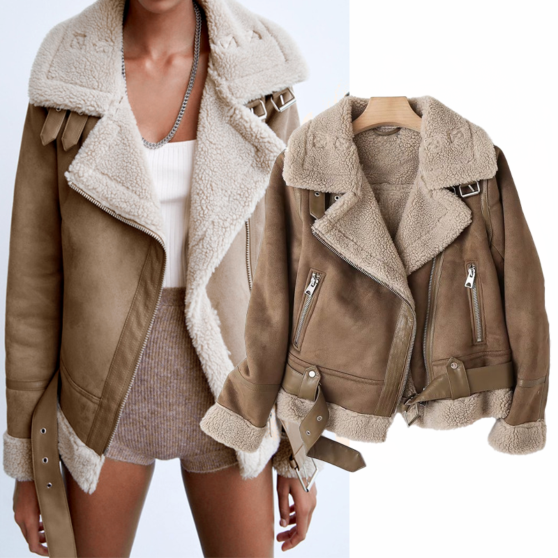 Women's Suede-Look Biker Jacket with Sherpa Fleece Lining