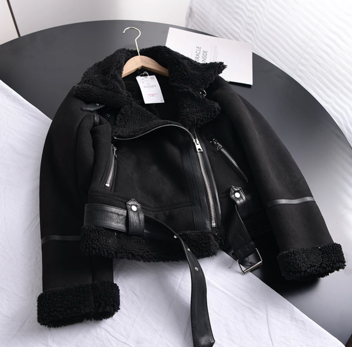 Women's Suede-Look Biker Jacket with Sherpa Fleece Lining
