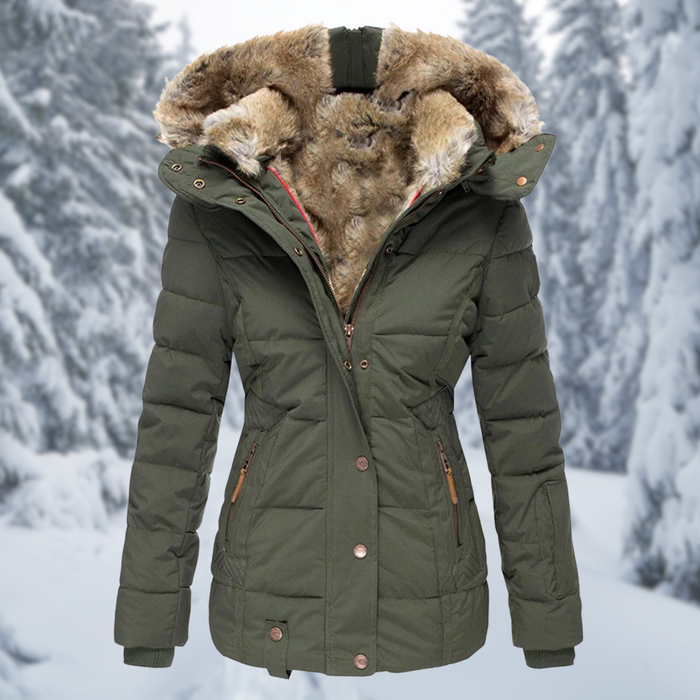 Giacca invernale elegante da donna con cappuccio soffice e fodera calda