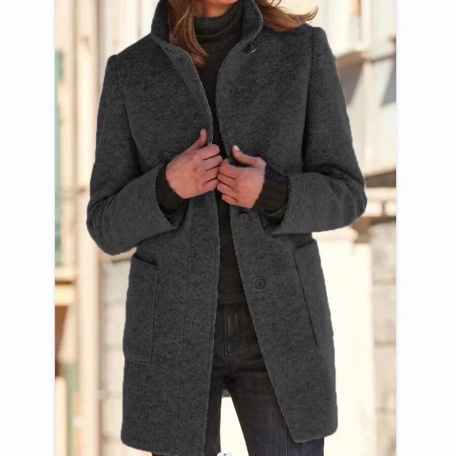 Women's Elegant Wool Blend Coat with Button Closure