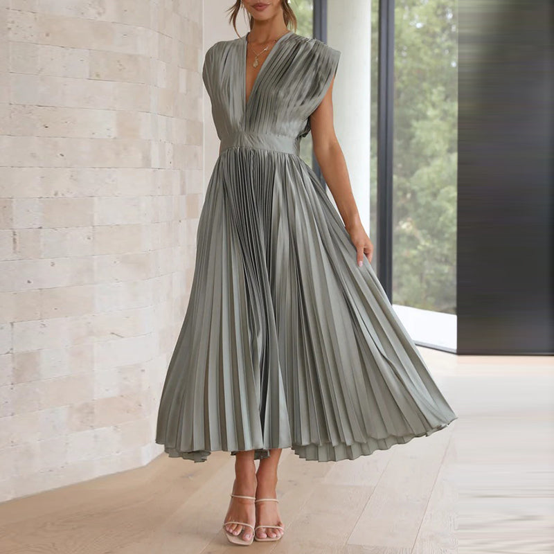 Women's Pleated Midi Dress with V-Neck and Adjustable Back Tie