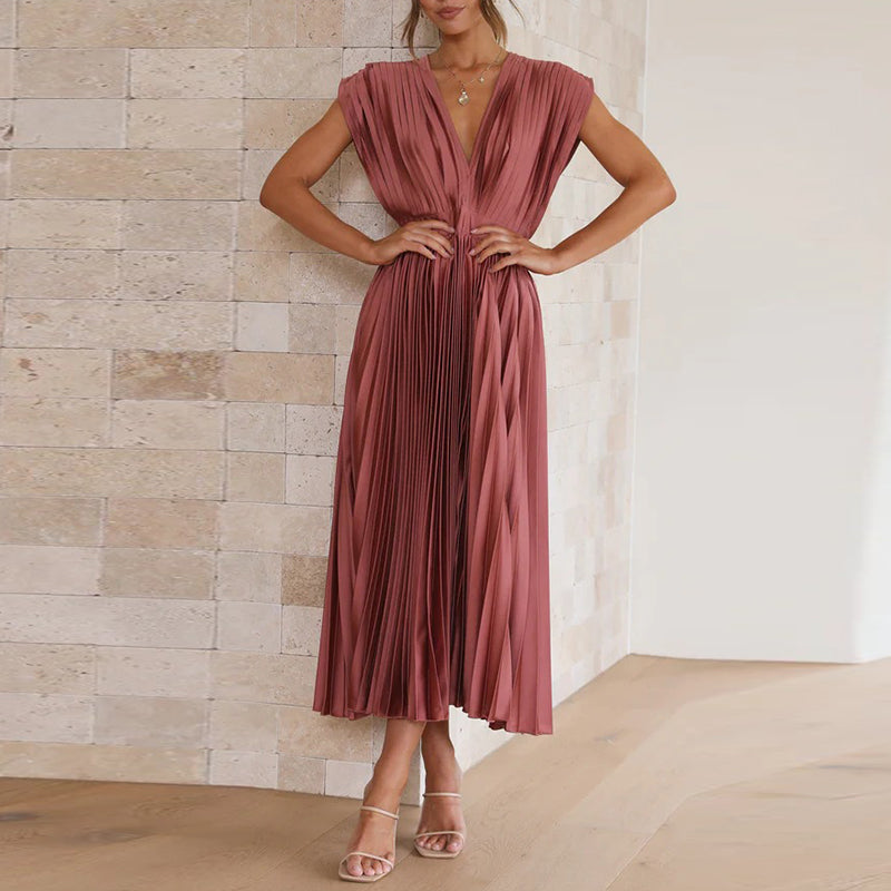 Women's Pleated Midi Dress with V-Neck and Adjustable Back Tie