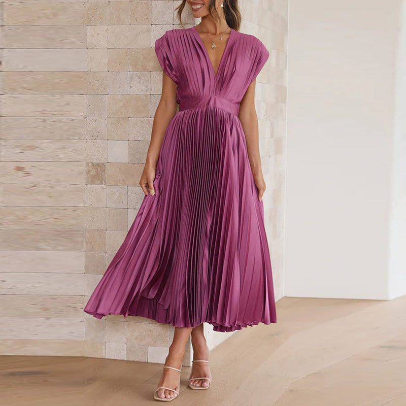 Women's Pleated Midi Dress with V-Neck and Adjustable Back Tie