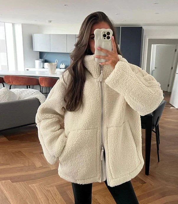 Veste polaire oversize pour femme avec col montant et fermeture éclair