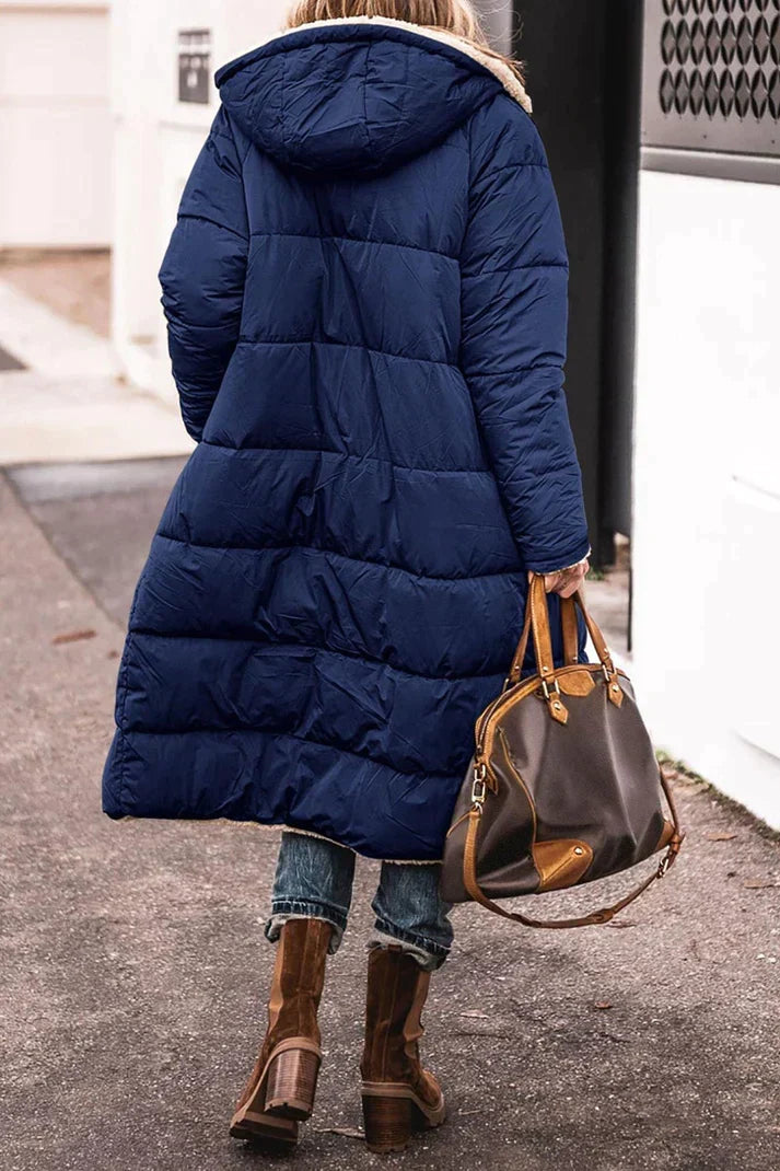 Women's Long Reversible Winter Coat with Hood and Teddy Lining