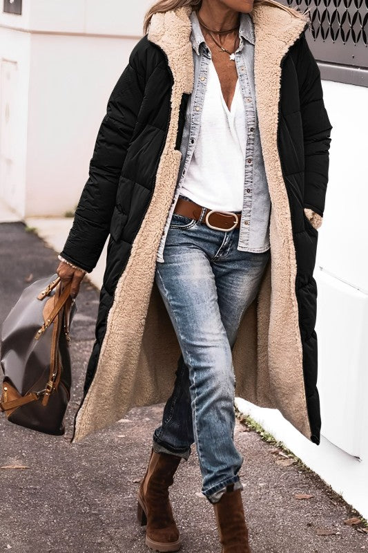 Women's Long Reversible Winter Coat with Hood and Teddy Lining