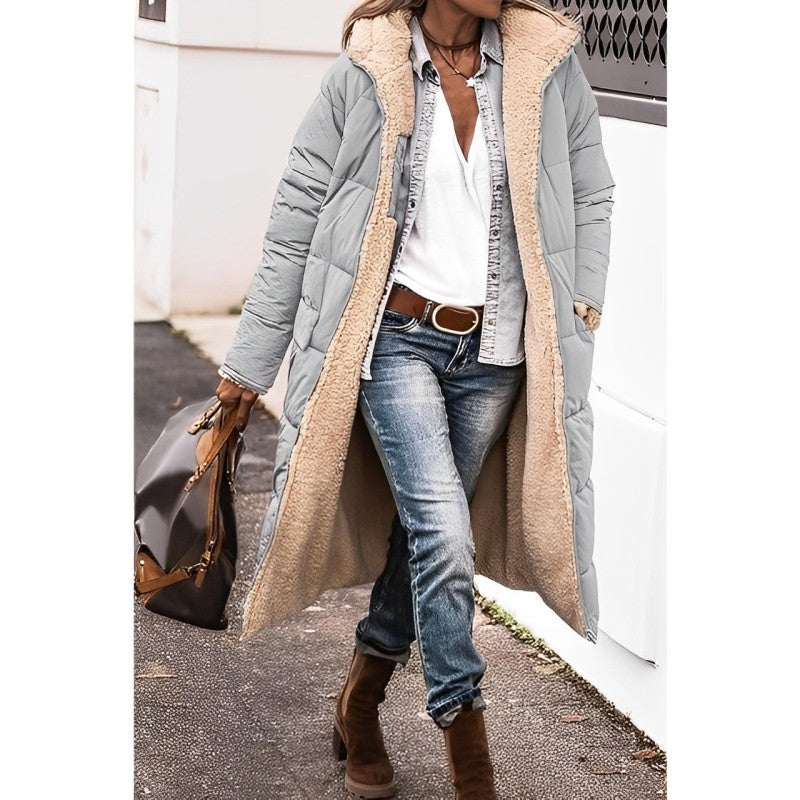 Women's Long Reversible Winter Coat with Hood and Teddy Lining