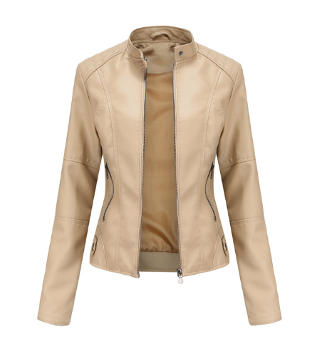 Women's Faux Leather Jacket with Mandarin Collar and Lining
