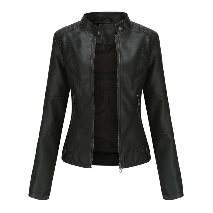 Chaqueta de cuero sintético para mujer con cuello mao y forro