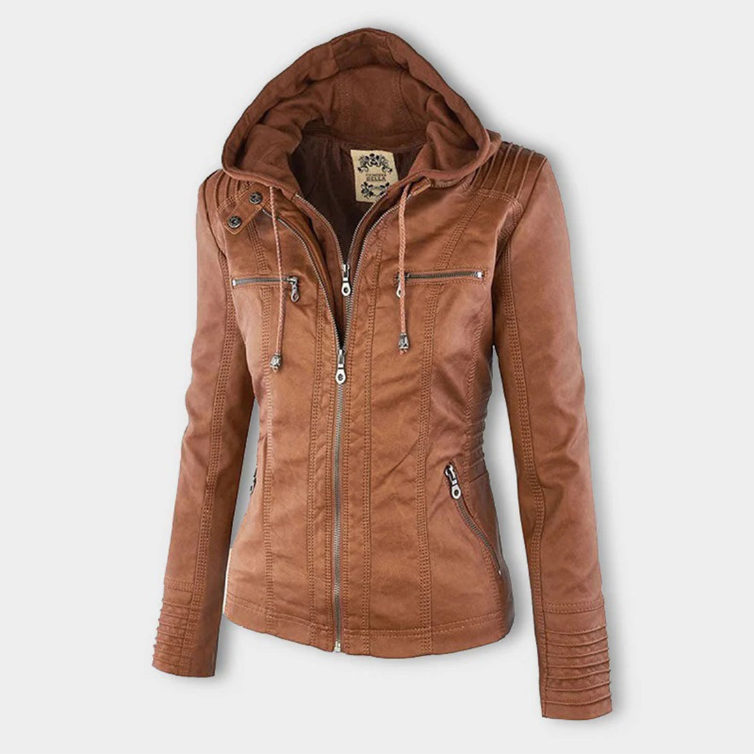 Women's Faux Leather Jacket with Drawstring Hood and Zip