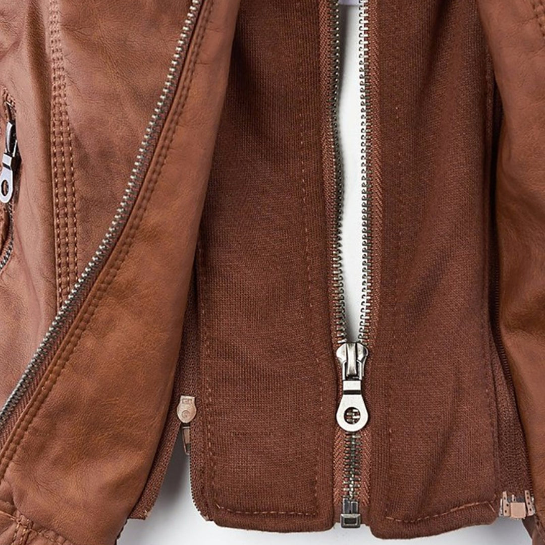 Women's Faux Leather Jacket with Drawstring Hood and Zip