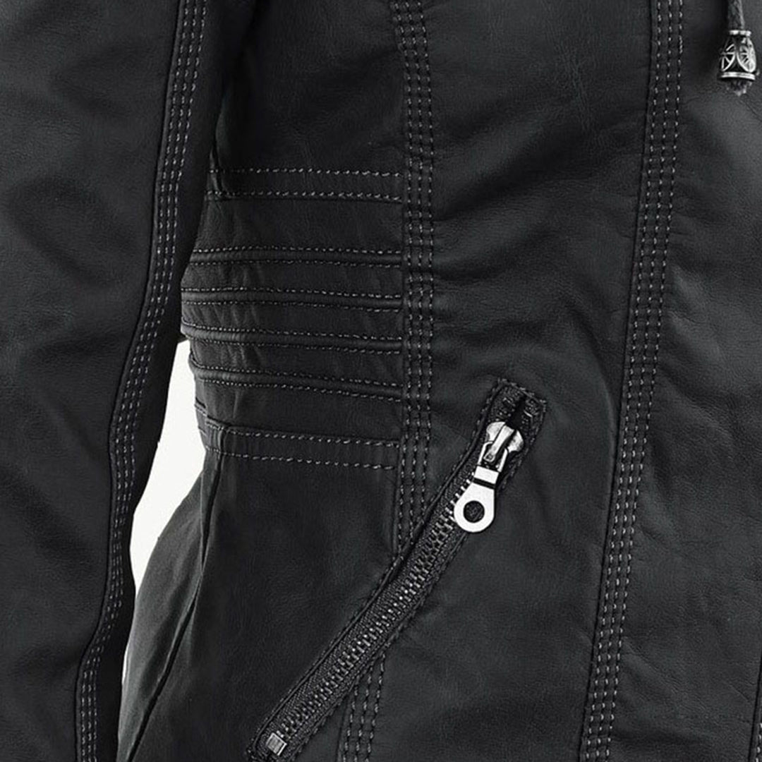 Women's Faux Leather Jacket with Drawstring Hood and Zip