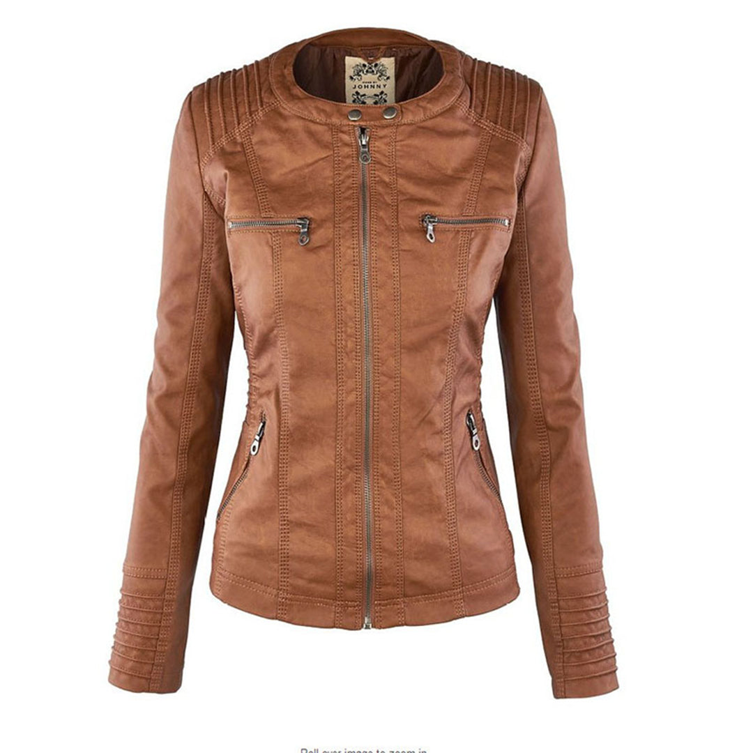 Women's Faux Leather Jacket with Drawstring Hood and Zip