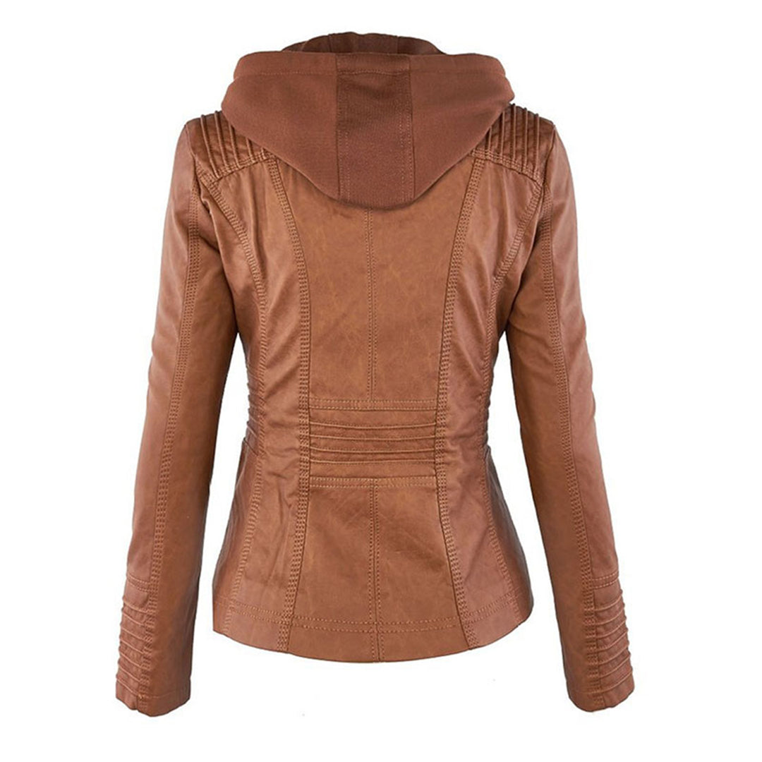 Women's Faux Leather Jacket with Drawstring Hood and Zip