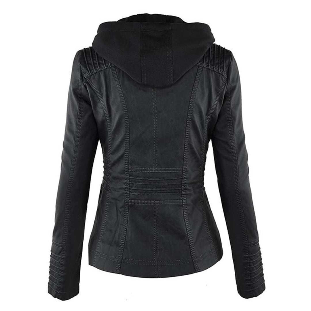 Women's Faux Leather Jacket with Drawstring Hood and Zip