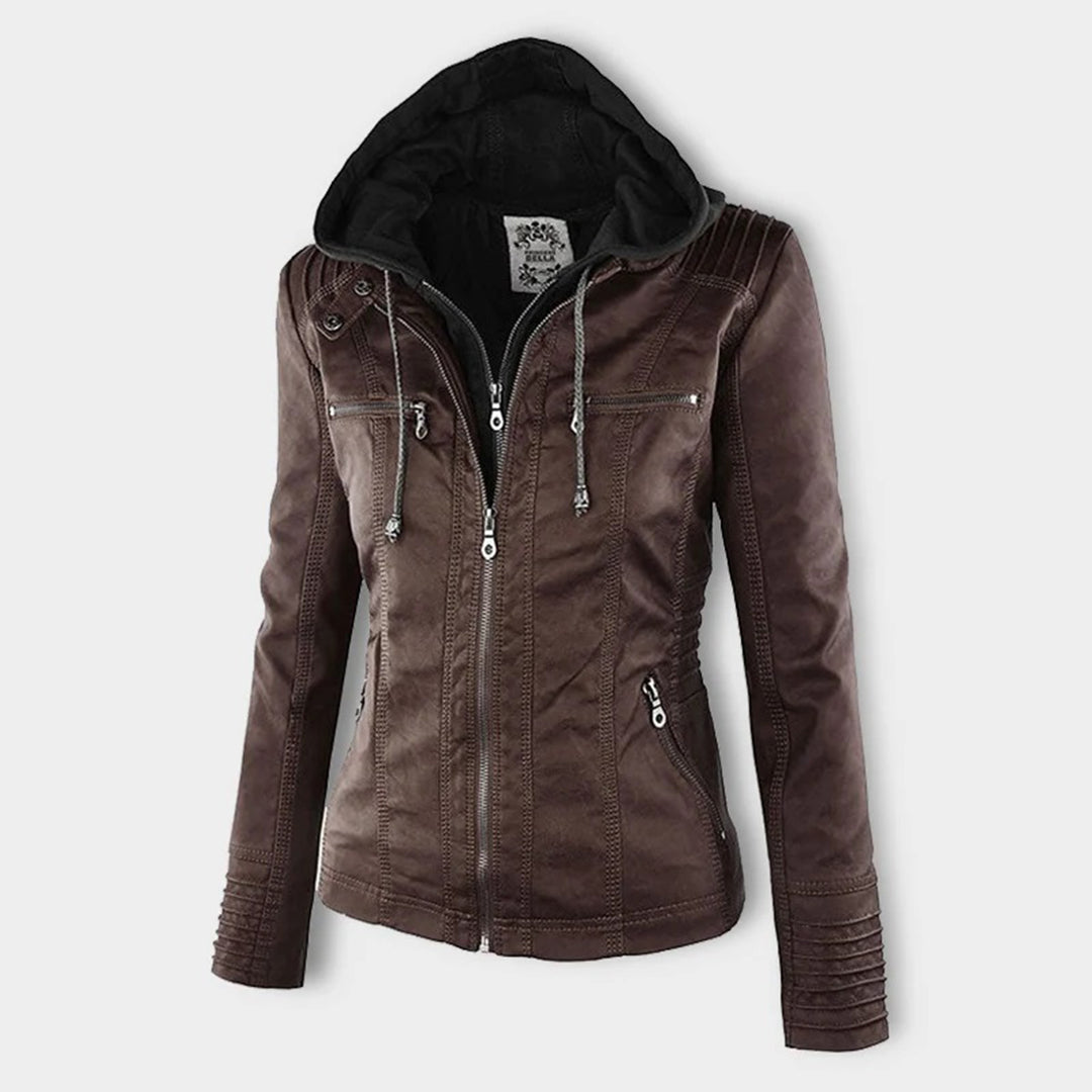 Women's Faux Leather Jacket with Drawstring Hood and Zip