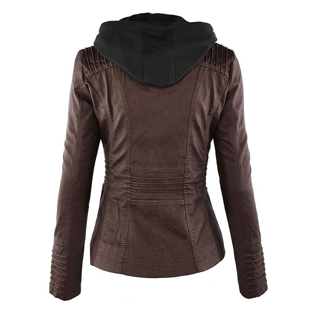 Women's Faux Leather Jacket with Drawstring Hood and Zip