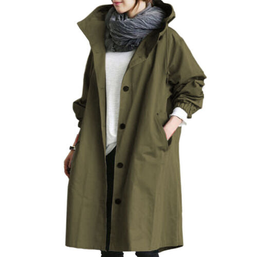 Trench lungo da donna con cappuccio per la primavera e l'autunno