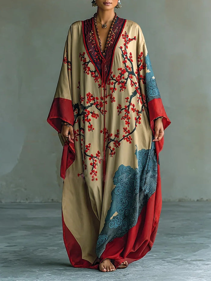 Sakura | Robe longue à manches chauve-souris imprimée de fleurs de prunier rouges japonaises