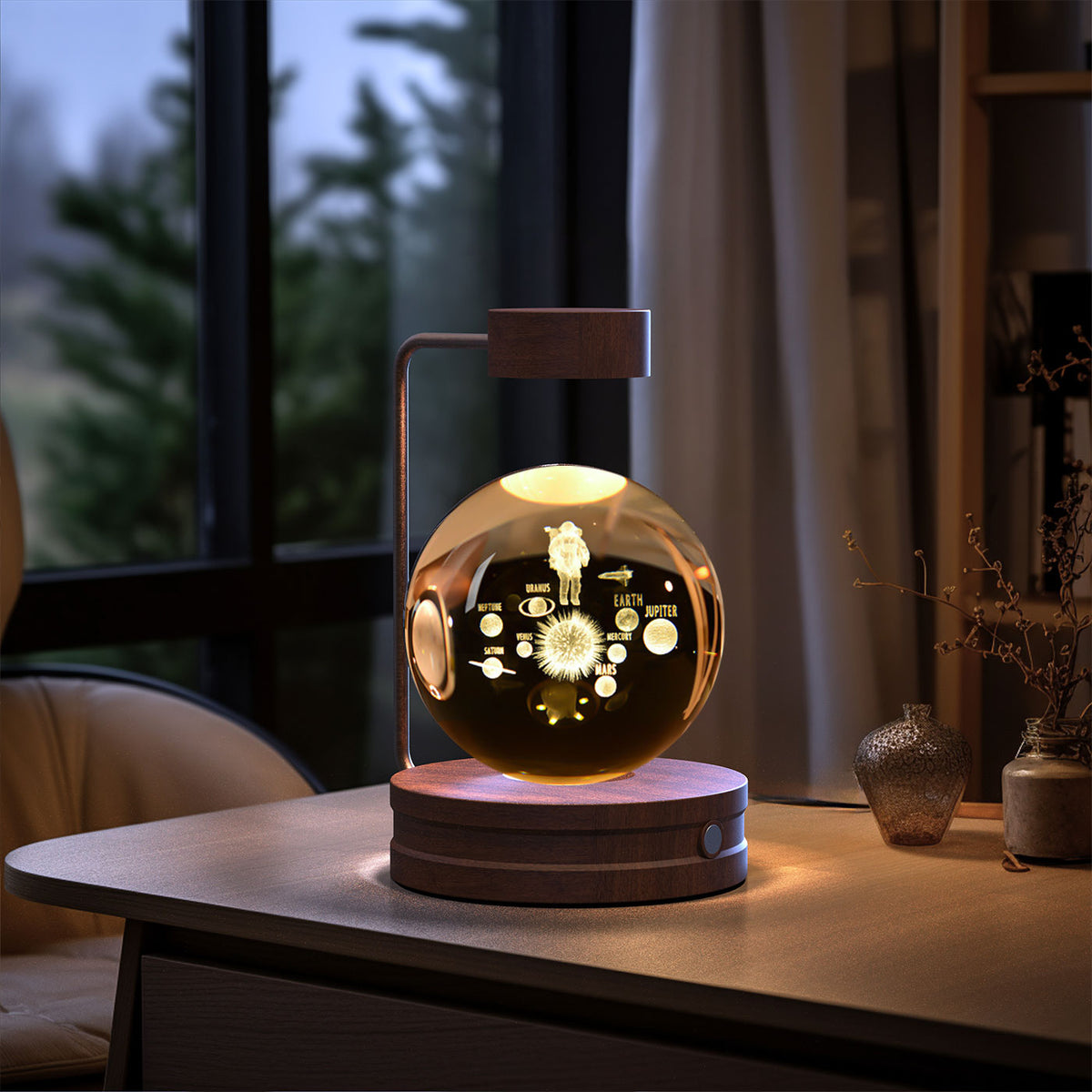 Crystal Ball Night Light With 3D Pattern On Wooden Base
