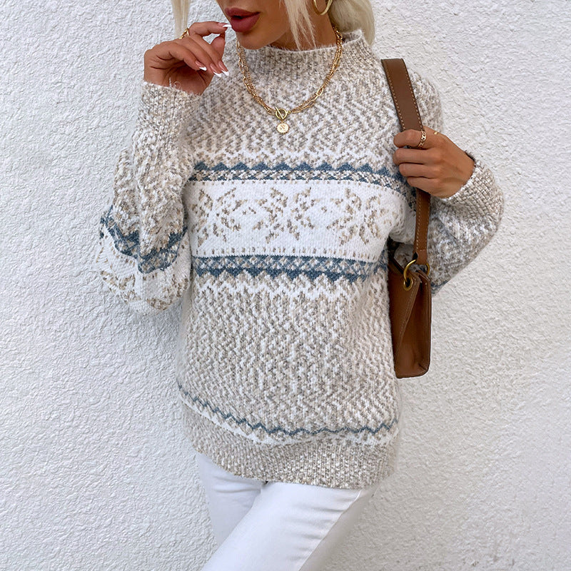 Women's Winter Snowflake Sweater with Half Turtleneck Knit