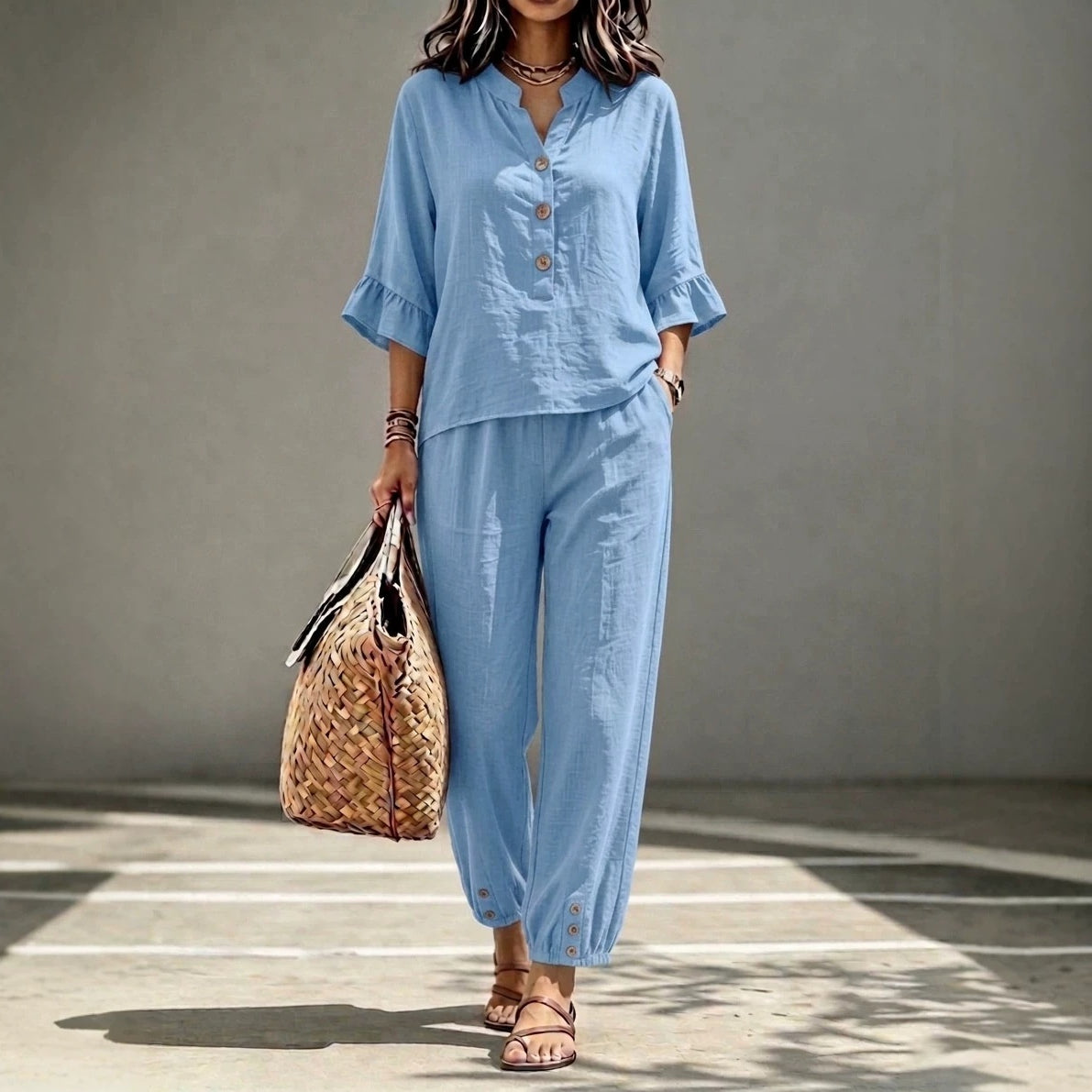 Women's 2-Piece V-Neck Top and Wide Leg Trousers Co-ord Set