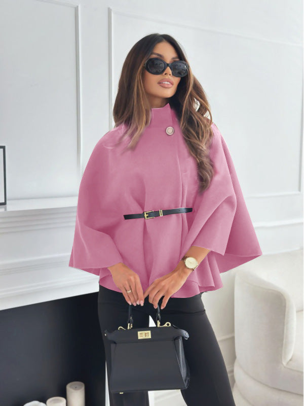 Women's Stand Collar Batwing Cloak Jacket With Belt, Woolen Look