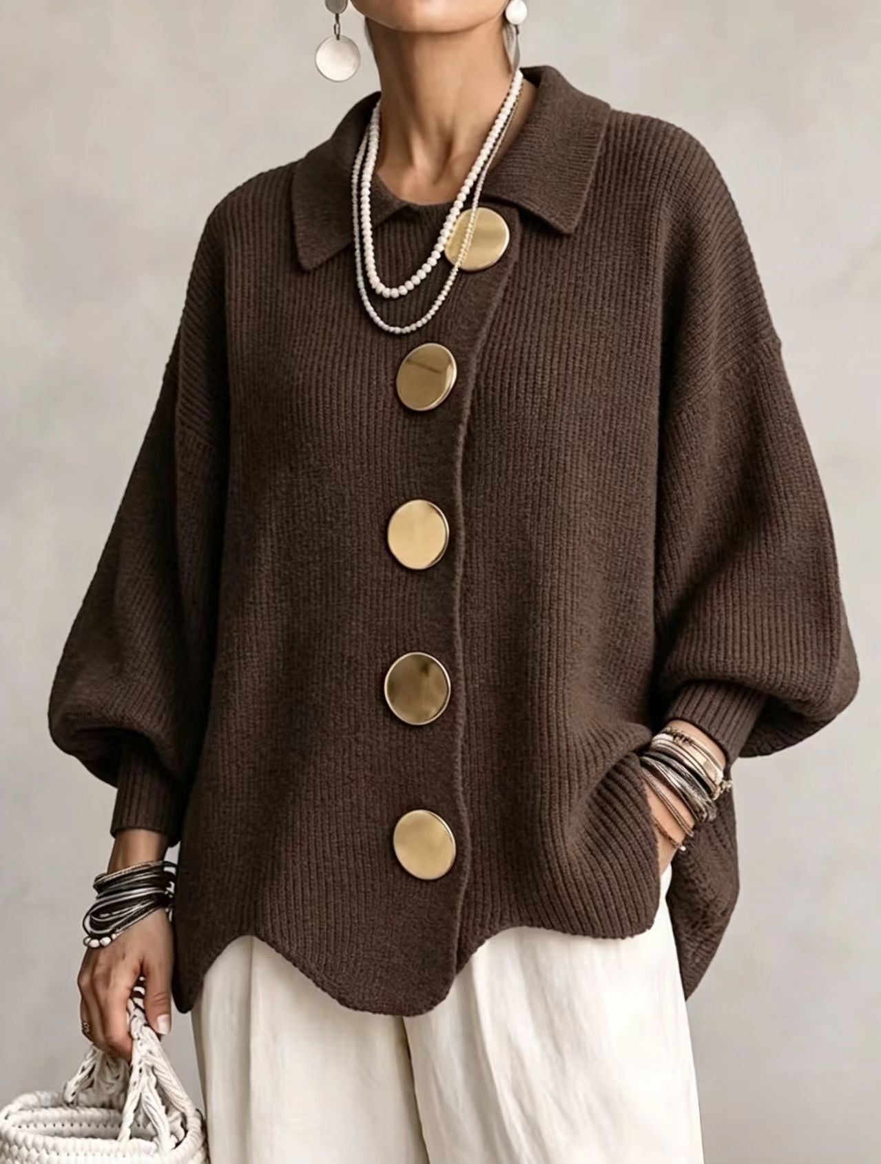 Women's Button-Down Knitted Cardigan, Loose Lapel Jacket