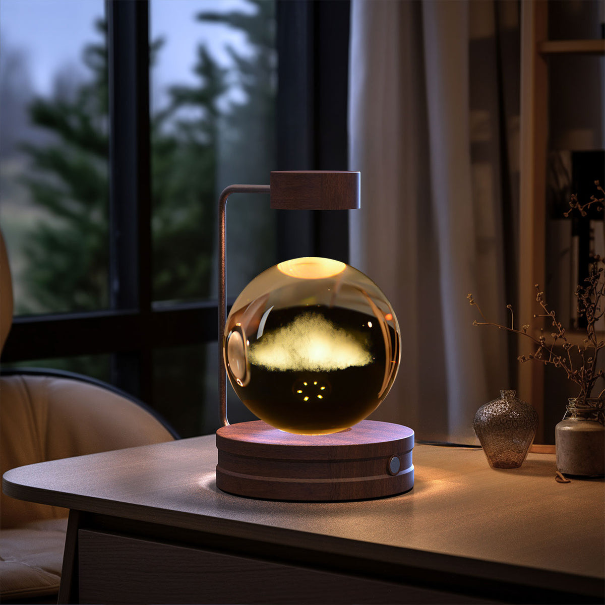 Crystal Ball Night Light With 3D Pattern On Wooden Base