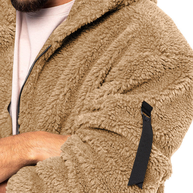 Men's Plush Hooded Fleece Jacket, Double-Sided Warm Zip Coat