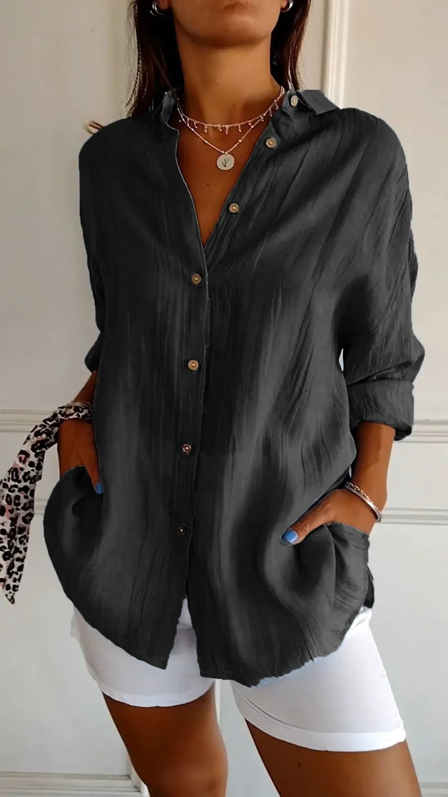 Women's Pleated Single-Breasted Lapel Shirt, Loose Fit, XS to 5XL