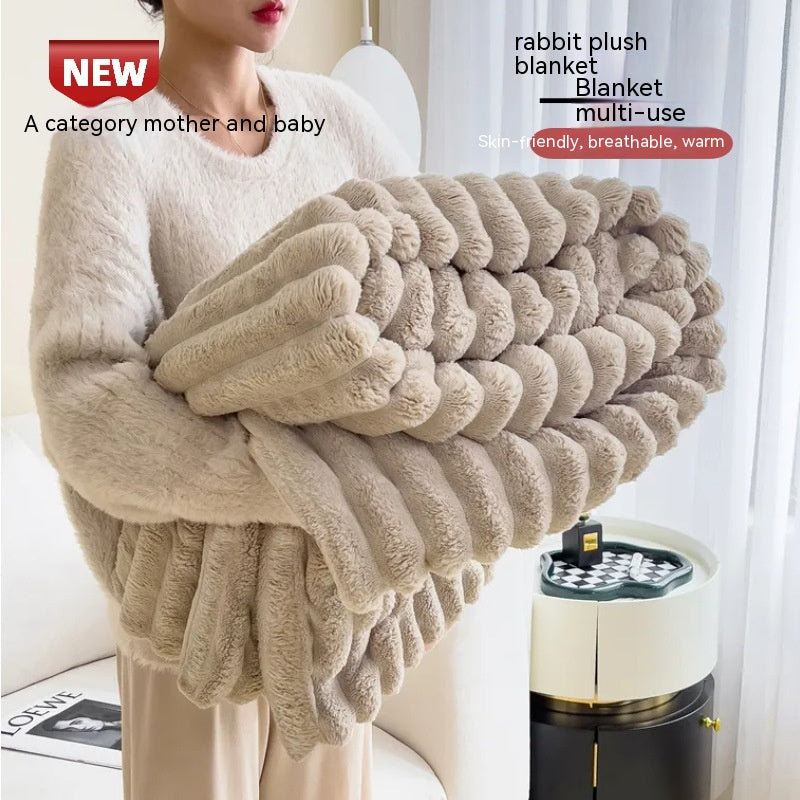 Soft Faux Rabbit Fur Blanket, Thick Bubble Velvet Throw
