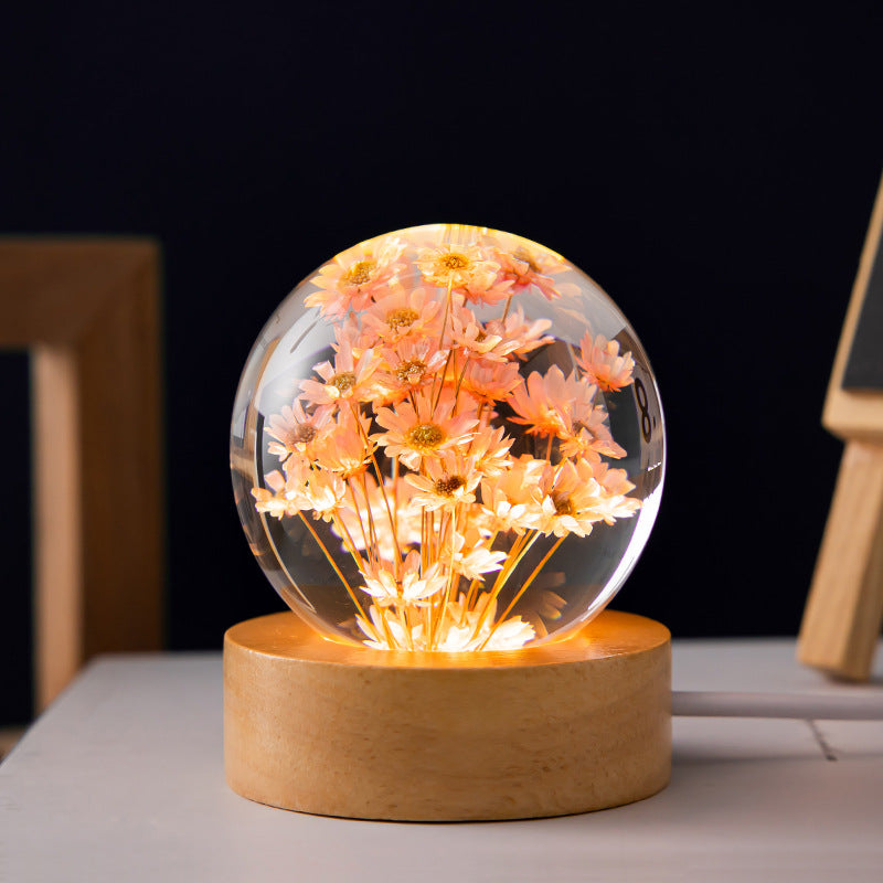 Luminous 3D Dandelion Crystal Ball on Beech Wood Stand
