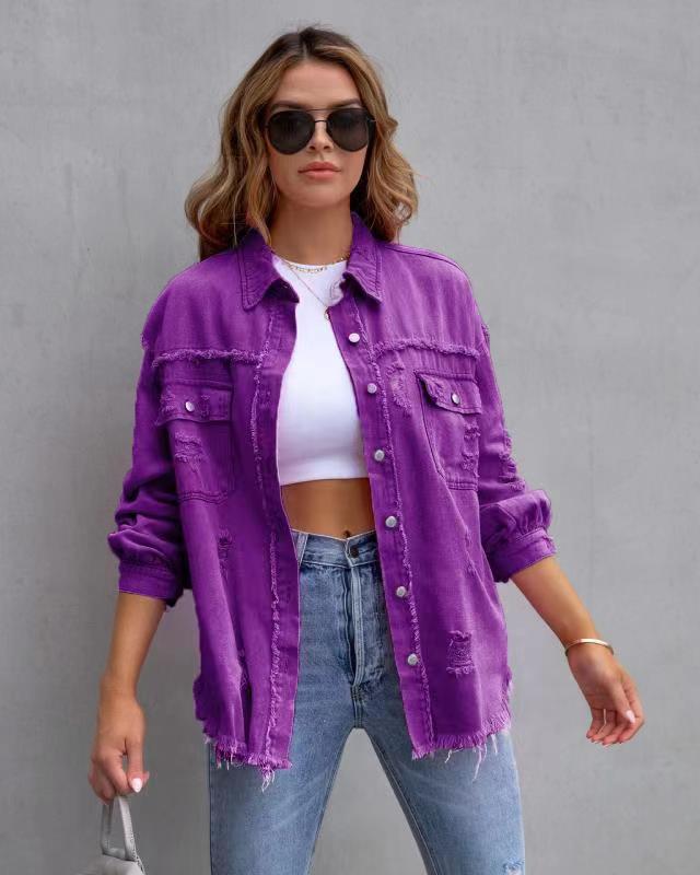 Women's Casual Ripped Shirt Jacket for Spring and Autumn