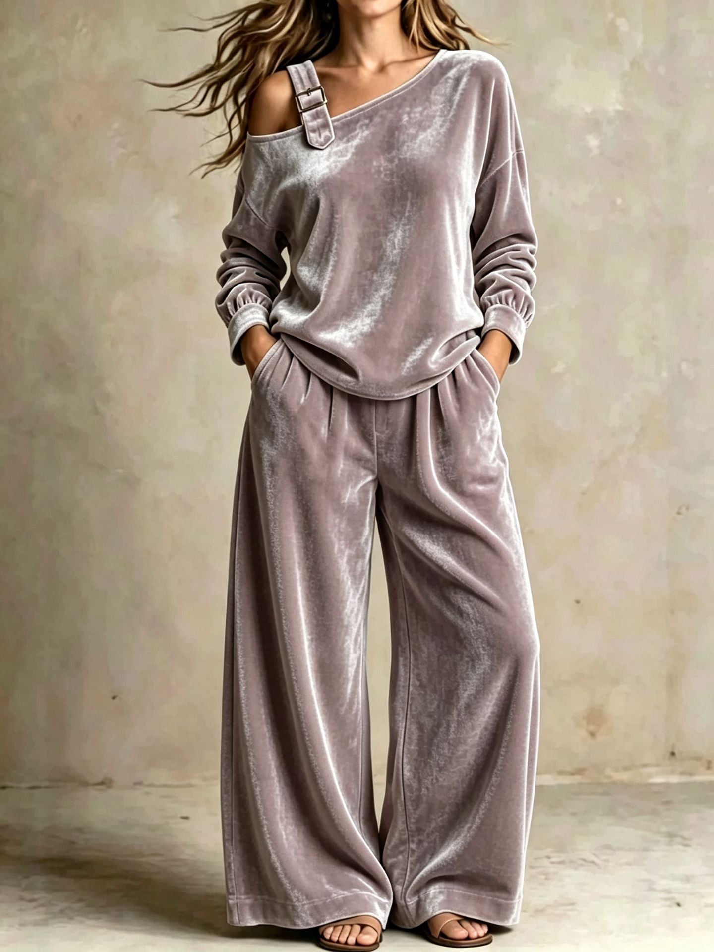 Women's Velvet Off-Shoulder Two-Piece Set, Soft Casual Outfit