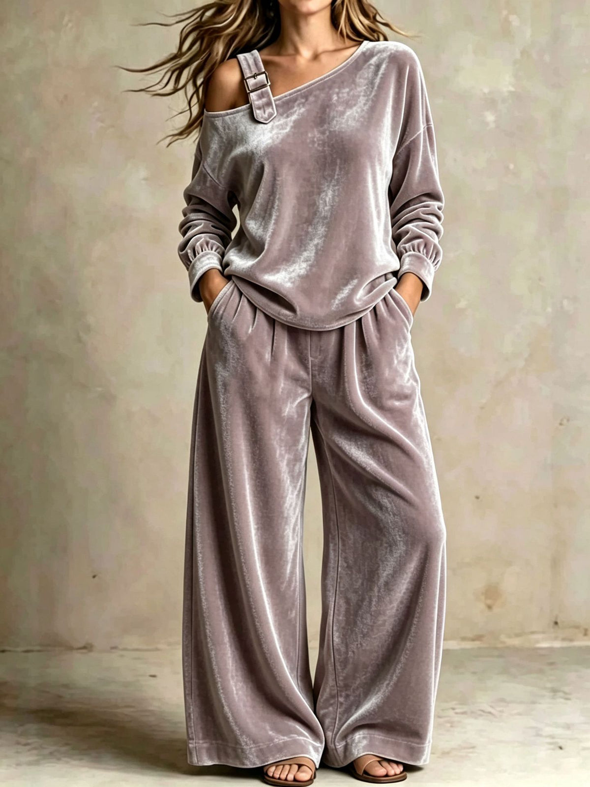 Women's Velvet Off-Shoulder Two-Piece Set, Soft Casual Outfit