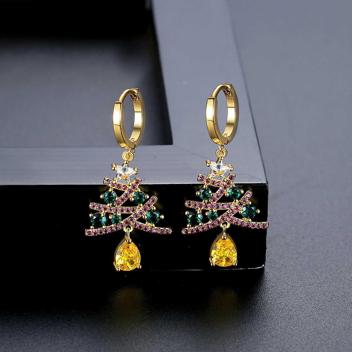 Colourful Rhinestone Christmas Tree Earrings in Gold