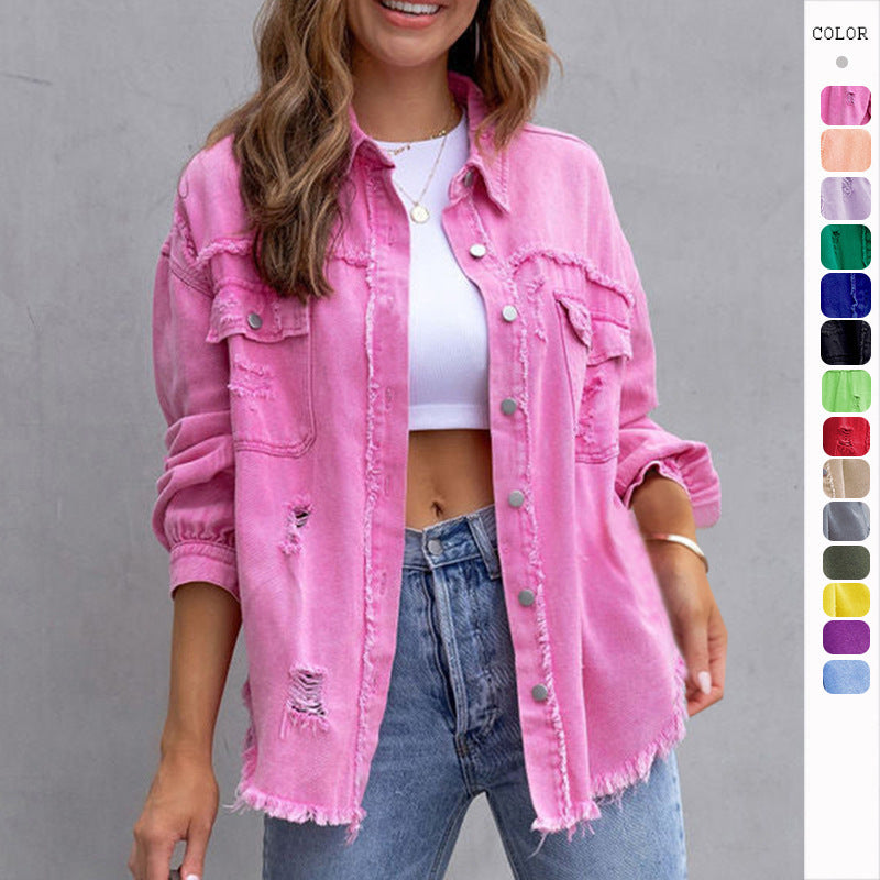 Women's Casual Ripped Shirt Jacket for Spring and Autumn
